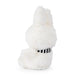A white stuffed bunny toy with a black and white striped collar.