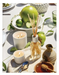 a table with various items, including a bowl of fruit, candles, a vase, and other decorative elements.