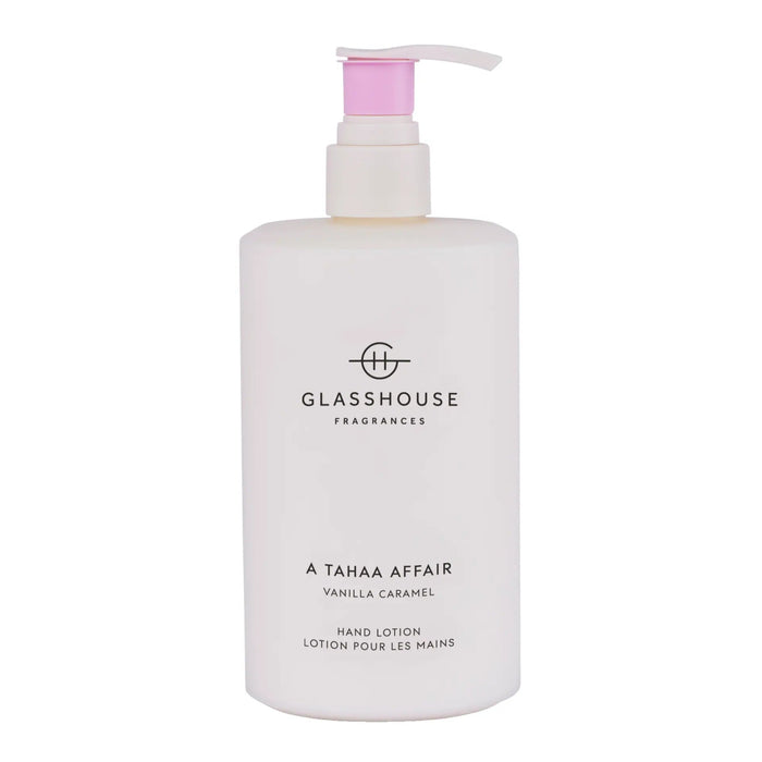 A bottle of Glashouse Fragrances hand lotion with a pump dispenser.