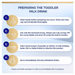 The image is a step-by-step guide on preparing a toddler's milk drink, providing instructions on washing hands, using a dry scoop, adding powder, and serving the drink.