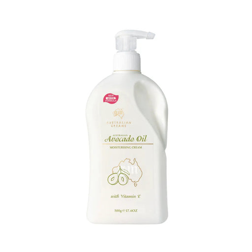 A bottle of Australian Cream Avocado Oil Moisturizing Cream with Vitamin E.