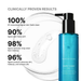 The image is an advertisement for a skincare product called "Simply Clean" by SkinCials. It features a bottle of the product and a clear glass plate with a white substance, likely a sample of the product. The text highlights the product's clinical proven results, such as 100% of consumers reporting skin feels clean, 90% of skin feeling soft, 98% of long-wear face makeup removed, and 96% of the product removing dirt, makeup, and excess oils.