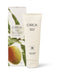 a product called "CIRCA Mango & Papaya Hand Cream" with a tube and a box. The product is a hand cream that contains mango and papaya. The box is white and has a green leaf design, and the tube is white and has a black and white design.