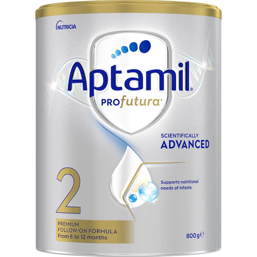 A can of Aptamil Pro Futura, a powdered infant formula, with the product number and nutritional information displayed.