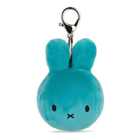 A blue plush rabbit charm with a silver metal clip attached to it.