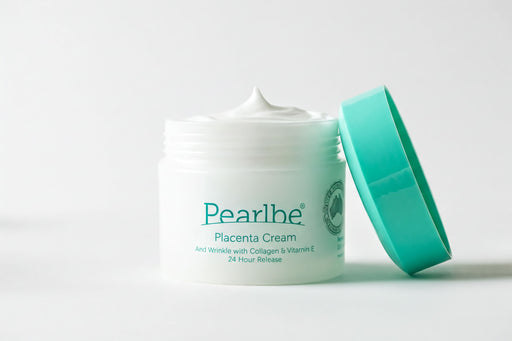 A jar of Pearl Cream, a 24-hour release anti-aging cream, with a green lid and a white body.