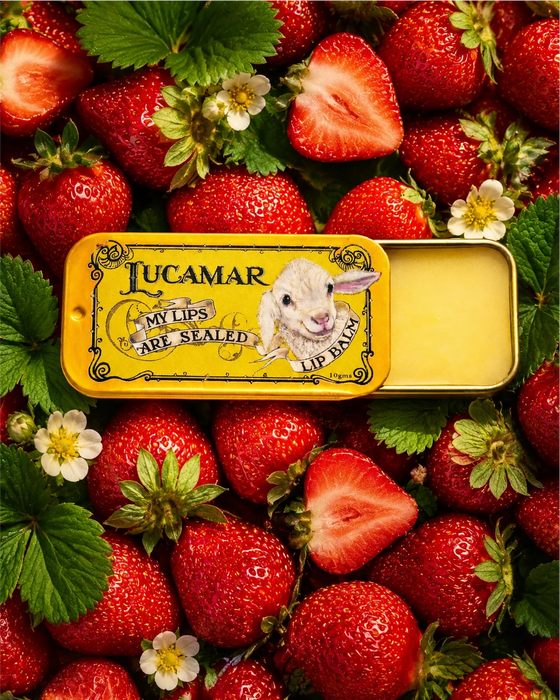 a tin of Lucamar lip balm surrounded by fresh strawberries and leaves.