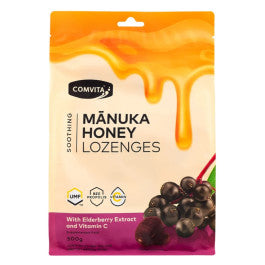 The image is a package of Comvita Manuka Honey Lozenges.