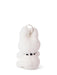 A white plush bunny toy with a black and white striped collar is shown against a plain white background.