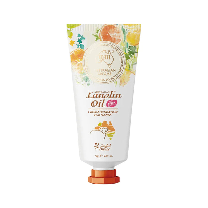 A tube of Australian Lanolin Oil cream for hands, with a floral design on the label.