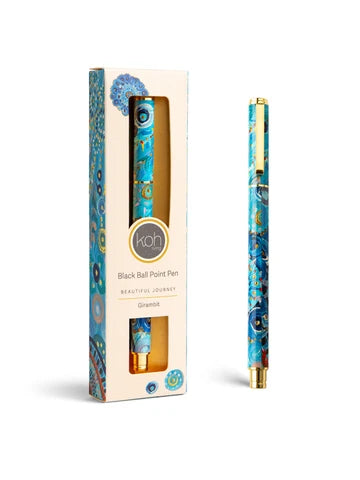 A black ball point pen with a blue floral pattern and gold accents, presented in its original packaging.