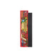 a tall, red box with a colorful illustration on it, and there is a black object next to it.