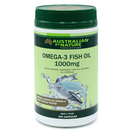 a bottle of Australian by Nature Omega-3 Fish Oil capsules.
