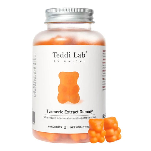 A bottle of Teddi Lab's turmeric extract gummy bears, with a label that includes the product name and a picture of the gummy bears.