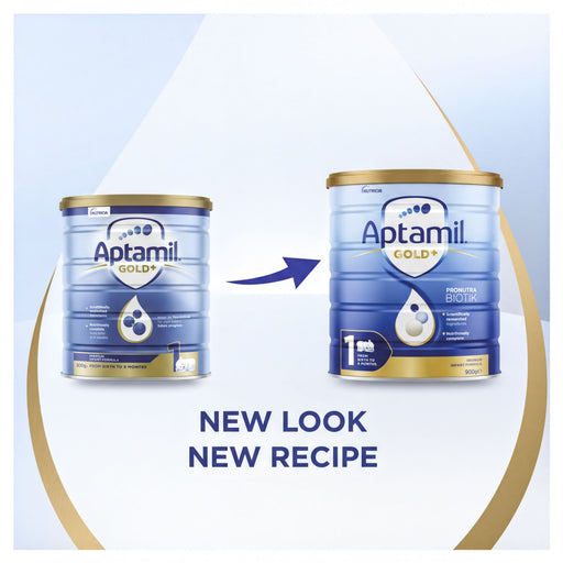 two cans of Aptamil GOLD+ baby formula, with a new recipe highlighted by a blue arrow pointing from the left can to the right can.