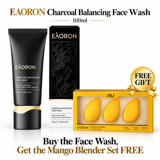 The image is an advertisement for a product called "Eaaron Charcoal Balancing Face Wash" and a free mango blender set. It features a black tube of the product, a black box, and a yellow box containing three mango blender sets.