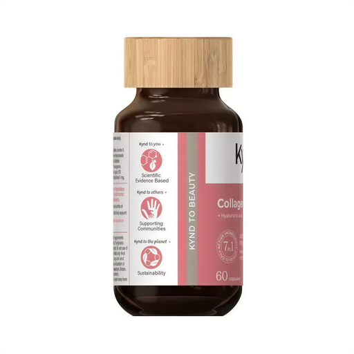 a bottle of collagen supplement with a wooden cap.