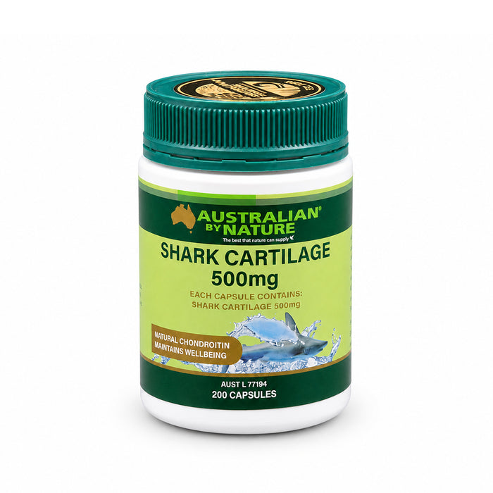 A bottle of Shark Cartilage 500mg capsules from Australian by Nature, with a green cap and a label that includes the product name, ingredients, and the Australian flag.