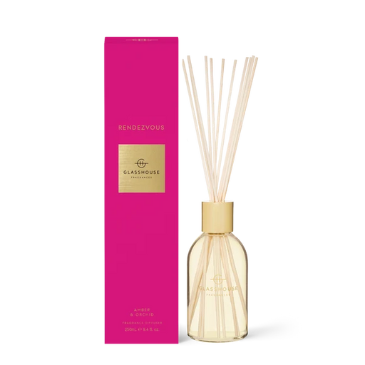 a pink box and a glass diffuser with white sticks, both labeled as "RENDEVOUS" and "GLASSHOUSE fragrances".