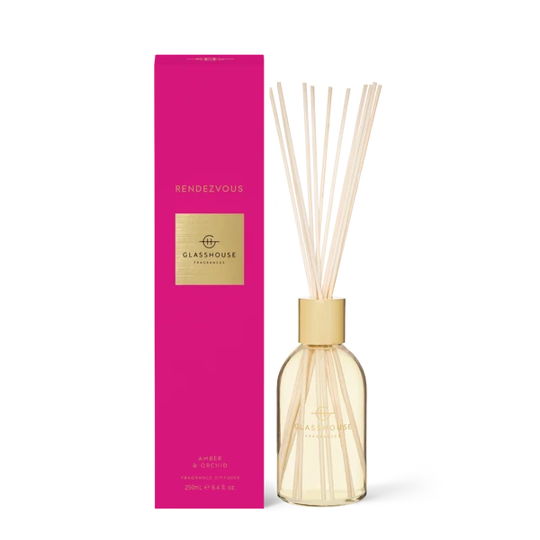 a pink box and a glass diffuser with white sticks, both labeled as "RENDEVOUS" and "GLASSHOUSE fragrances".