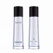 two bottles of a clear liquid, possibly a toner or facial cleanser, with black caps and branding.