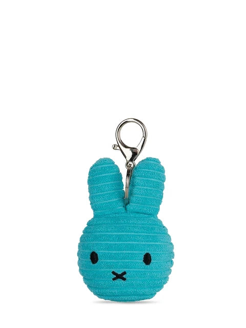 A teal-colored plush rabbit charm with a silver metal clasp attached to it.