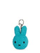 A teal-colored plush rabbit charm with a silver metal clasp attached to it.