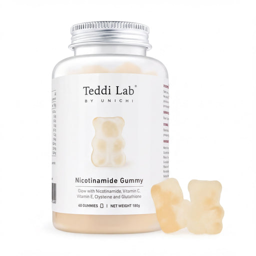 A bottle of Teddi Lab by Unichi Nocotinamide Gummy, a vitamin C supplement, with a label that features a teddy bear.