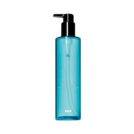 A bottle of blue liquid with a pump dispenser, containing a clear liquid.