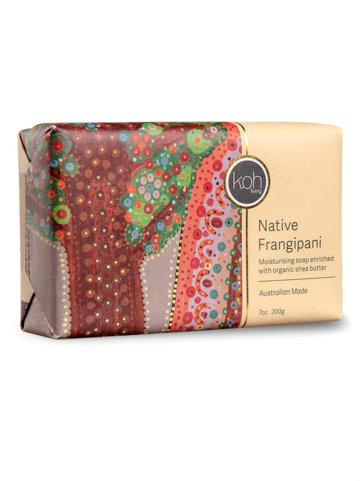 A rectangular bar of soap with a colorful, abstract design on the packaging.