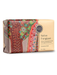 A rectangular bar of soap with a colorful, abstract design on the packaging.
