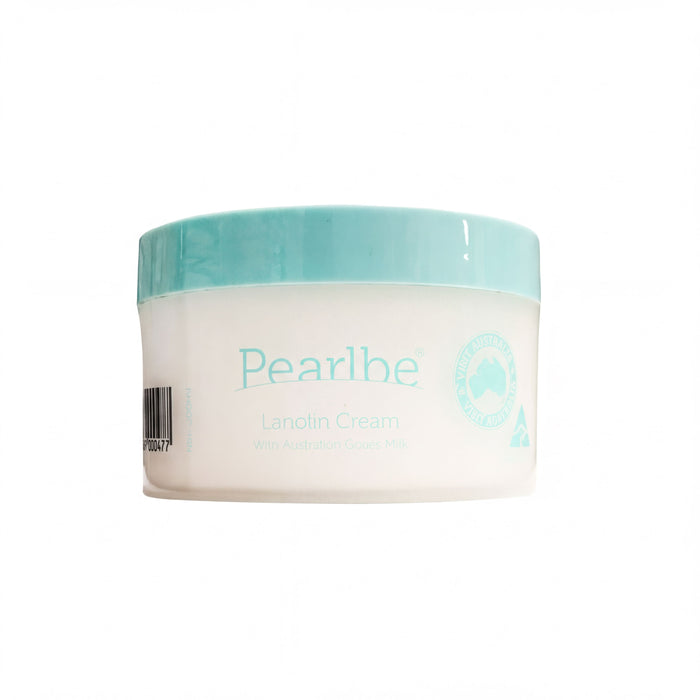 A jar of Lanolin Cream with a turquoise lid, labeled as a product from the brand Pearlhe.