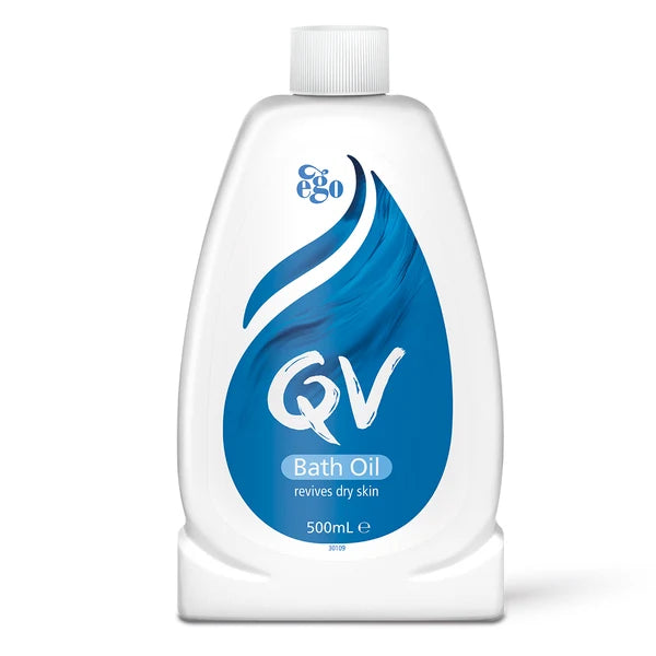A bottle of QV Bath Oil, a product designed to moisturize and nourish dry skin.