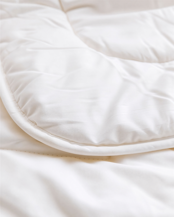 A close-up view of a white, fluffy, and wrinkled fabric, possibly a blanket or quilt.