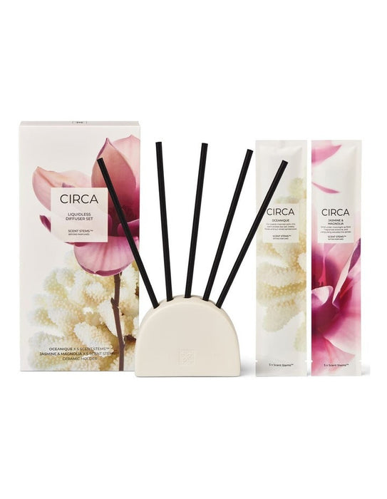 a set of five black diffuser sticks arranged in a circular holder, along with two white diffuser sticks. The diffuser holder has a white base and a pink flower design. The diffuser sticks are black and have a white label with text. The diffuser holder and sticks are placed next to each other, with the diffuser holder positioned slightly behind the diffuser sticks.