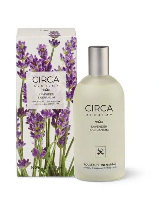 a bottle of CIRCA Alchemy Relax Lavender & Geranium room and linen spray, along with its packaging.