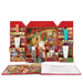 a red and gold-colored advent calendar with various holiday-themed illustrations and products displayed on it.