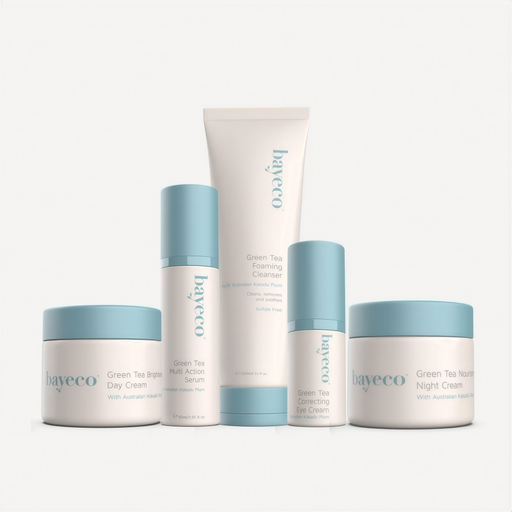 a collection of five skincare products from the brand bayeco, including a Green Tea Cleanser, Green Tea Night Cream, Green Tea Multi Action Day Cream, Green Tea Cleanser, and Green Tea Night Cream.