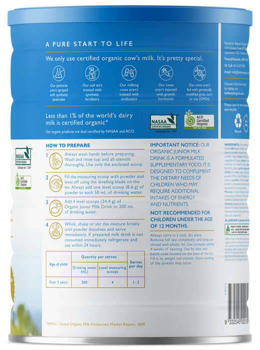 Bellamy's Organic Step 4 Junior Milk Drink 3+ Years 900g  EXP: 01/2025