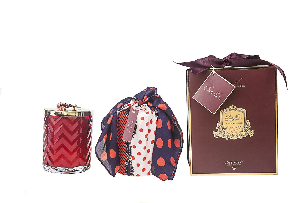 Cote Noire Herringbone Candle With Scarf Rose Oud - Red & Red Rose lid - HCG07