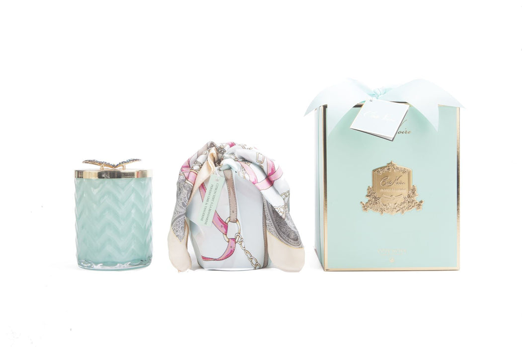 Cote Noire Herringbone Candle With Scarf - Tiffany Blue & Gold - Butterfly Lid - HCG51