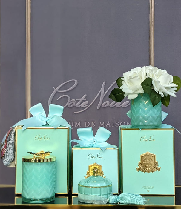 Cote Noire Herringbone Candle With Scarf - Tiffany Blue & Gold - Butterfly Lid - HCG51