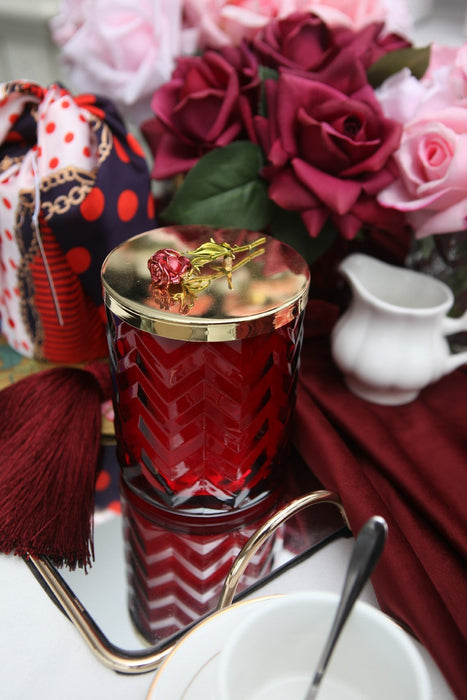 Cote Noire Herringbone Candle With Scarf Rose Oud - Red & Red Rose lid - HCG07
